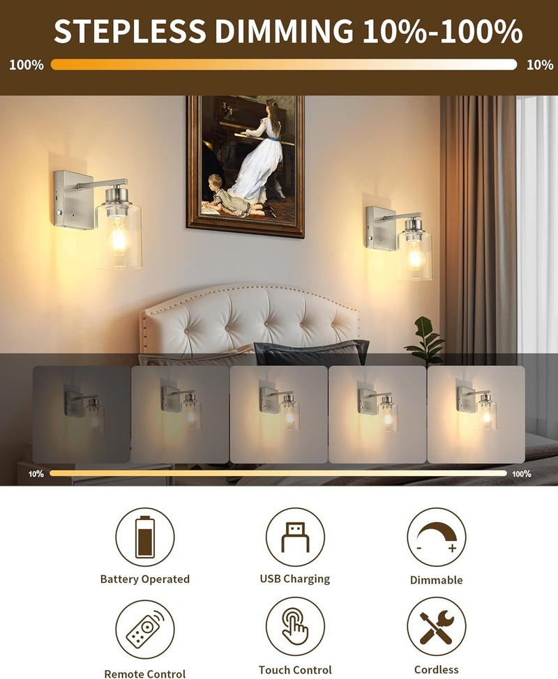 Rayogale Wireless Wall Sconces, Nickel Battery Operated Wall Sconce Set of 2 with Timer Function, Easy Install Dimmable Rechargeable Wall Lamps for Living Room, Bedroom, Hallway, Entryway Decor 3000K - Image 2